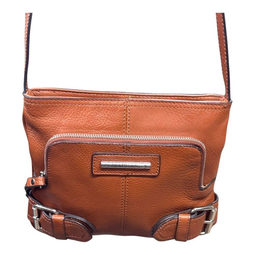 Franco Sarto Brown Leather Crossbody Bag With Buckle Accents & Adjustable Strap